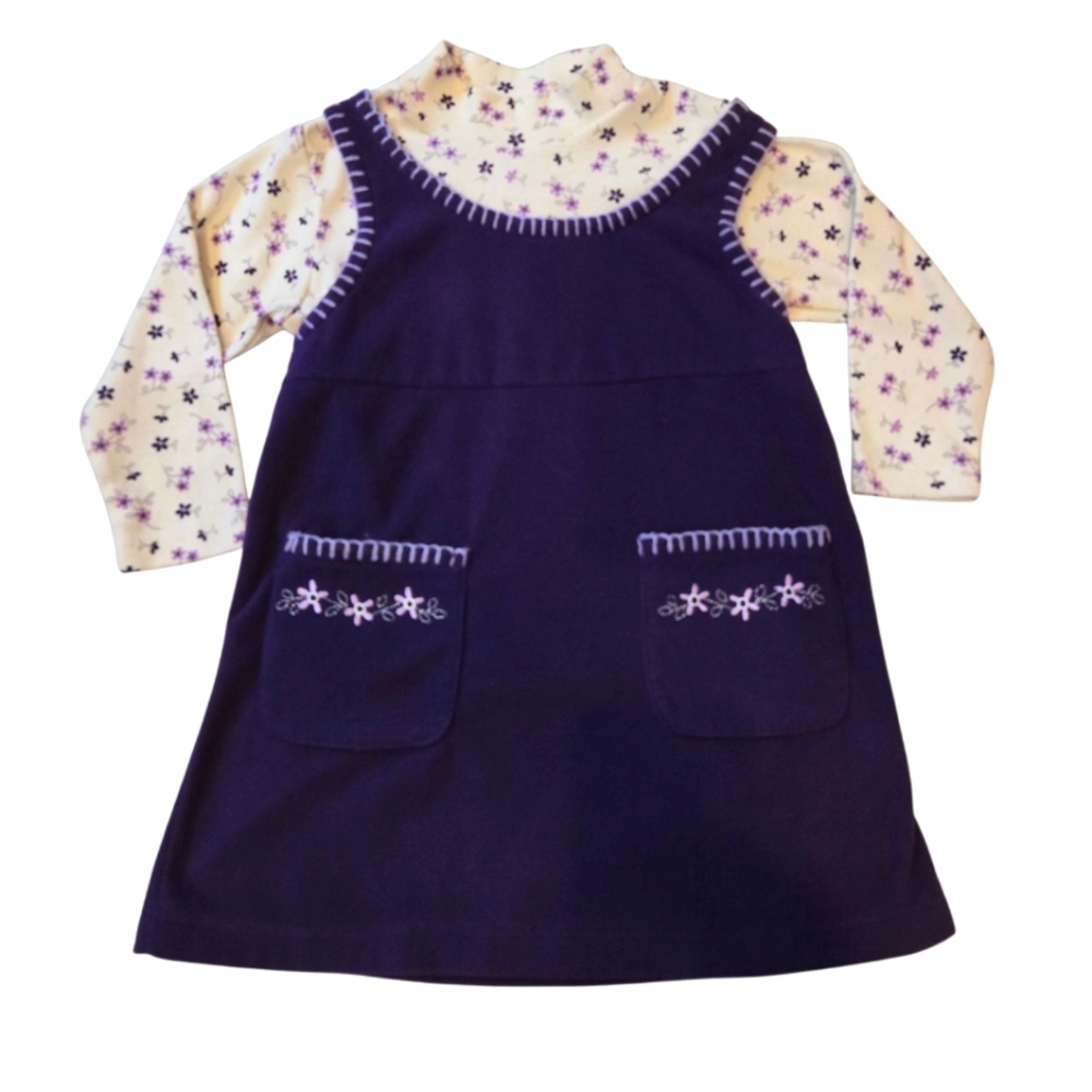 Vintage Y2k Arizona Jean Co. Purple and Cream Floral Overall Dress 2 Piece Set
